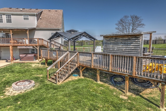 1105 Locust Fork Rd, Stamping Ground, KY 40379 - exterior space featuring a gazebo, a wooden deck, a hot tub, stairway, and an outdoor fire pit