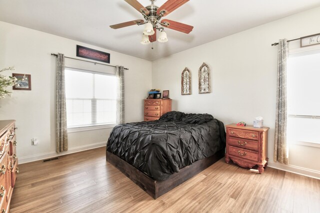 1105 Locust Fork Rd, Stamping Ground, KY 40379 - bedroom with visible vents, a ceiling fan, baseboards, and light wood-style floors