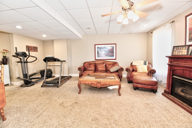 1105 Locust Fork Rd, Stamping Ground, KY 40379 - living area featuring recessed lighting, carpet floors, baseboards, a glass covered fireplace, and ceiling fan