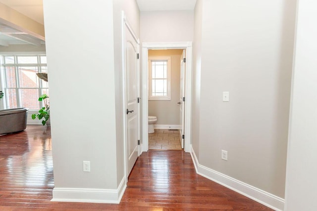 hallway featuring dark wood-style flooring, baseboards, and beam ceiling
