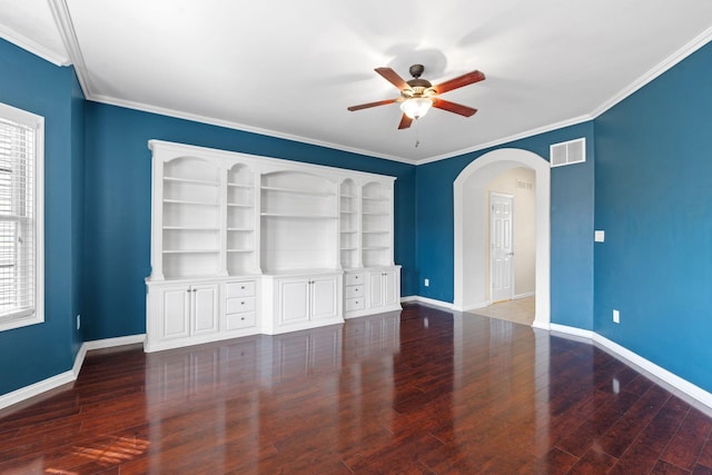 325 Long Branch Ln, Lexington, KY 40511 - unfurnished bedroom with arched walkways, wood finished floors, baseboards, ornamental molding, and a ceiling fan