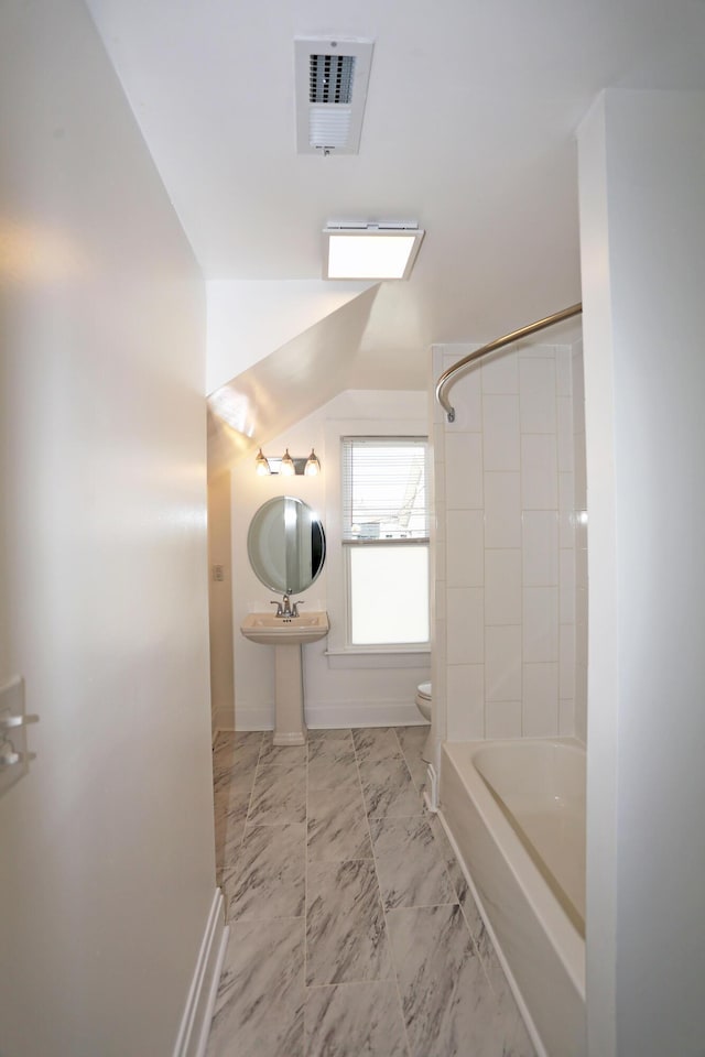 113 Olde Potomac Ave, Winchester, KY 40391 - bathroom with toilet, baseboards, visible vents, shower / bath combination, and marble finish floor