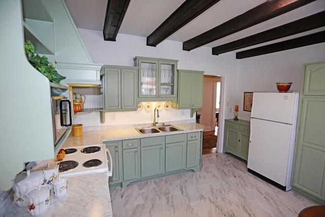 113 Olde Potomac Ave, Winchester, KY 40391 - kitchen featuring beam ceiling, a sink, freestanding refrigerator, green cabinets, and light countertops