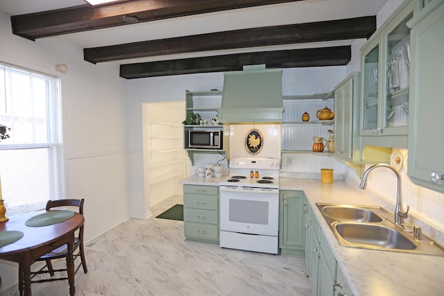 113 Olde Potomac Ave, Winchester, KY 40391 - kitchen featuring white electric stove, a sink, stainless steel microwave, green cabinets, and open shelves