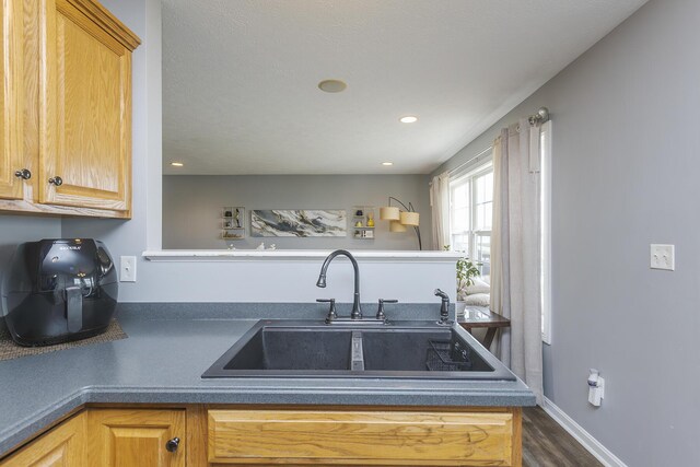 kitchen with recessed lighting, dark countertops, wood finished floors, and a sink