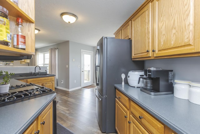 kitchen featuring dark wood-type flooring, dark countertops, baseboards, and a sink