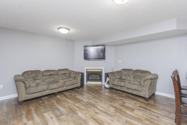 living area featuring baseboards, wood finished floors, and a textured ceiling