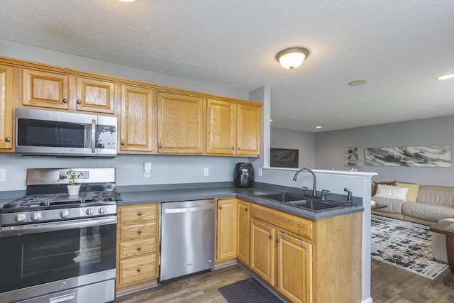 kitchen featuring dark countertops, wood finished floors, a sink, a peninsula, and appliances with stainless steel finishes