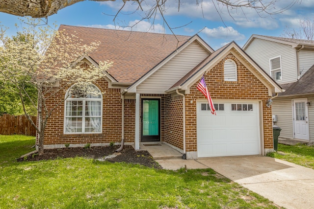 single story home with a front lawn, concrete driveway, fence, a garage, and brick siding