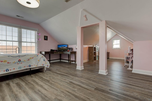 5141 Tristin Way, Catlettsburg, KY 41129 - bedroom featuring baseboards, wood finished floors, vaulted ceiling, and visible vents