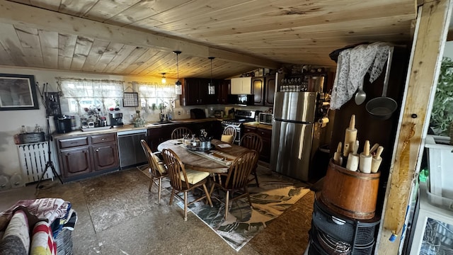 dining area with radiator, lofted ceiling, and wooden ceiling