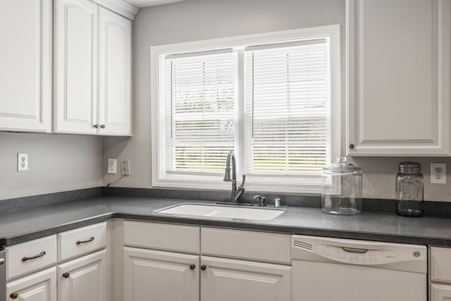 6473 Wildie Rd, Mount Vernon, KY 40456 - kitchen with white dishwasher, dark countertops, white cabinets, and a sink