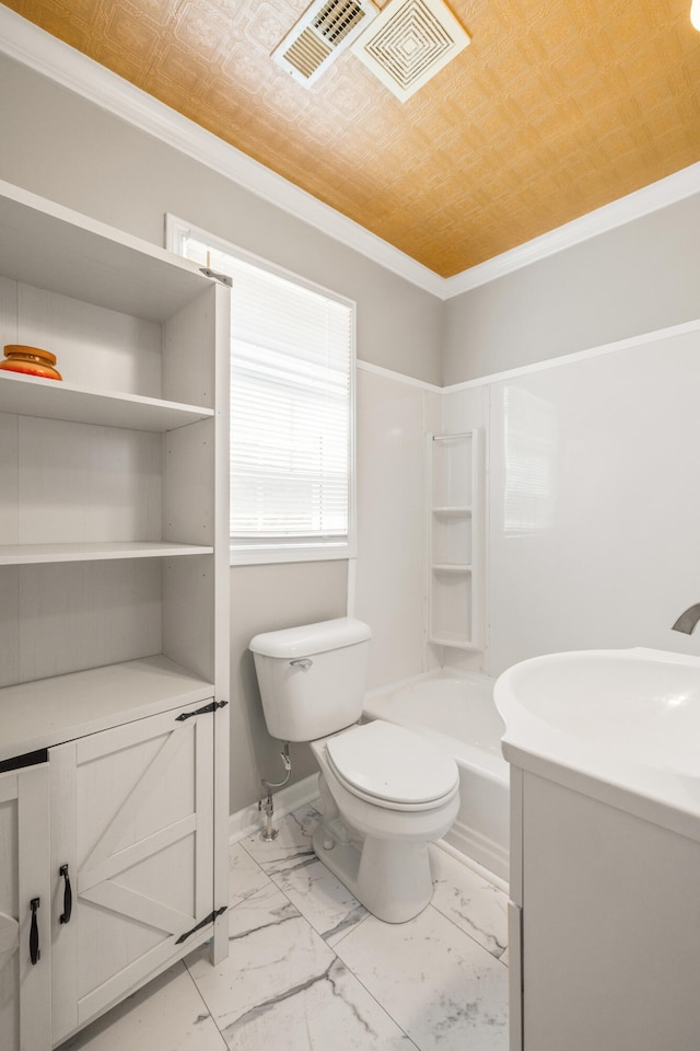 6473 Wildie Rd, Mount Vernon, KY 40456 - full bathroom featuring an ornate ceiling, marble finish floor, toilet, ornamental molding, and visible vents