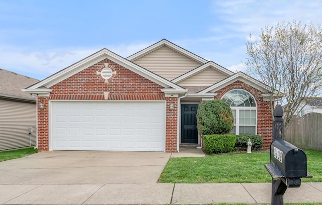single story home featuring a garage, brick siding, driveway, and fence