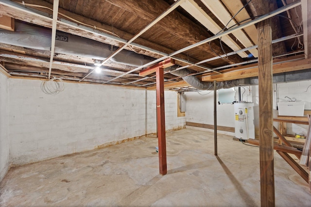 unfinished basement with water heater, electric panel, and a sink