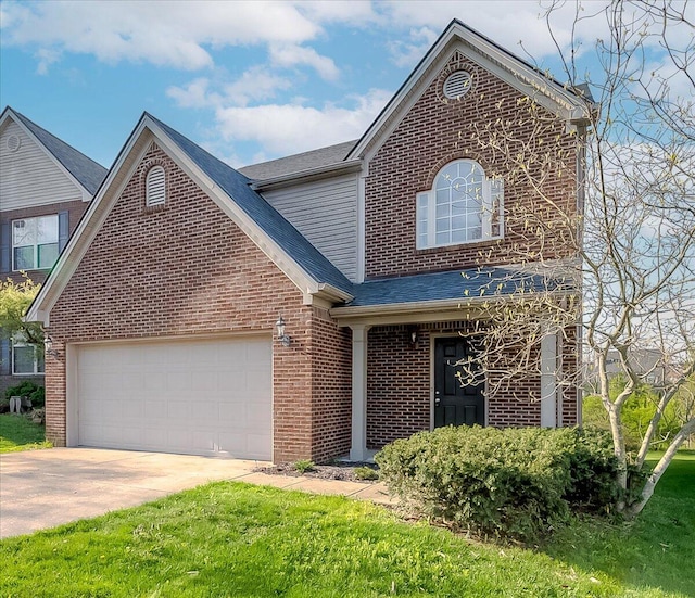 traditional-style home featuring brick siding, an attached garage, a shingled roof, and concrete driveway