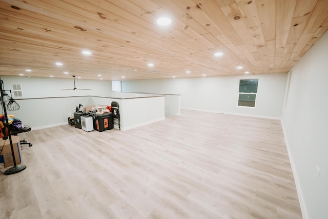 basement featuring recessed lighting, wood finished floors, and wooden ceiling