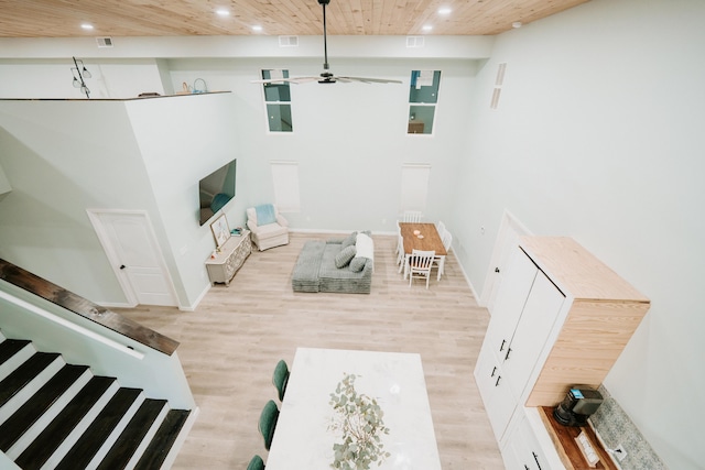 living area featuring wooden ceiling, light wood-style floors, ceiling fan, and recessed lighting