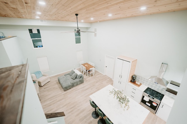 living room featuring visible vents, recessed lighting, light wood-style floors, ceiling fan, and wooden ceiling