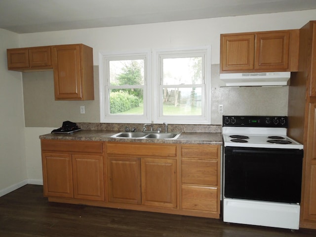 217 Dorothy Ave, Danville, KY 40422 - kitchen featuring brown cabinetry, under cabinet range hood, electric stove, and a sink