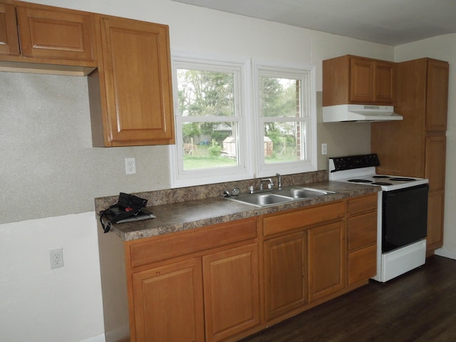 217 Dorothy Ave, Danville, KY 40422 - kitchen featuring dark wood-style floors, a sink, brown cabinets, under cabinet range hood, and white range with electric stovetop