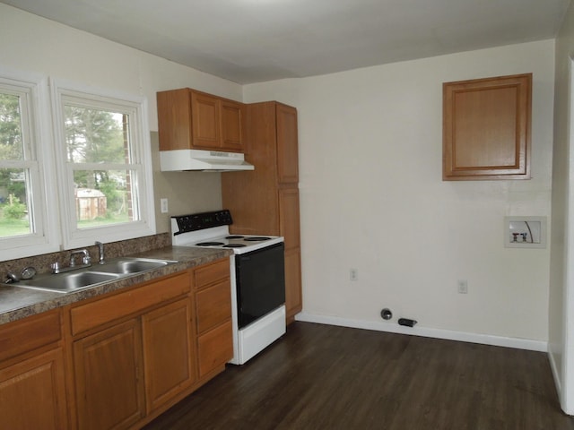 217 Dorothy Ave, Danville, KY 40422 - kitchen featuring under cabinet range hood, a sink, white electric range oven, brown cabinetry, and dark wood-style flooring