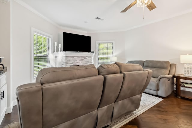 600 Avawam Dr, Richmond, KY 40475 - living area with visible vents, a healthy amount of sunlight, a ceiling fan, and ornamental molding