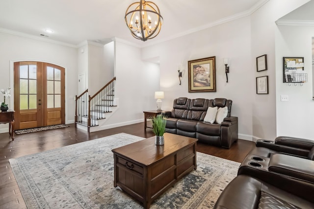 600 Avawam Dr, Richmond, KY 40475 - living area with stairs, an inviting chandelier, baseboards, and dark wood finished floors