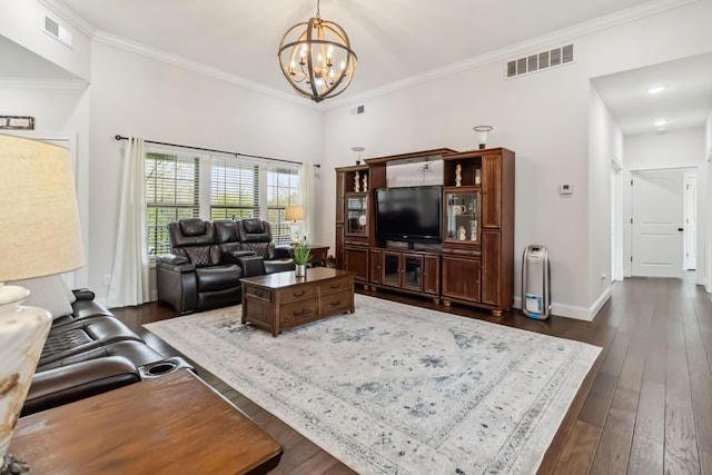 600 Avawam Dr, Richmond, KY 40475 - living area featuring dark wood-style flooring, visible vents, crown molding, and a notable chandelier