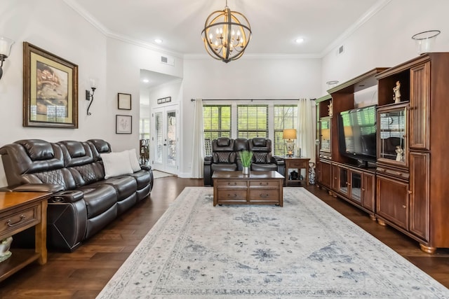 600 Avawam Dr, Richmond, KY 40475 - living area featuring an inviting chandelier, visible vents, ornamental molding, and dark wood-style floors