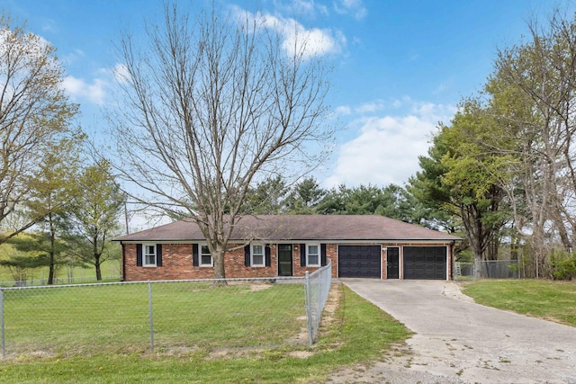 679 Mclain Rd, Springfield, KY 40069 - ranch-style house with a front lawn, driveway, brick siding, fence private yard, and an attached garage