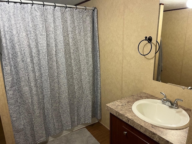 501 Smith Rd, Manchester, KY 40962 - full bathroom with a shower with shower curtain, wood finished floors, vanity, and a textured wall