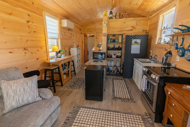 kitchen with vaulted ceiling, wood finished floors, stainless steel electric range, a wall mounted AC, and a wealth of natural light