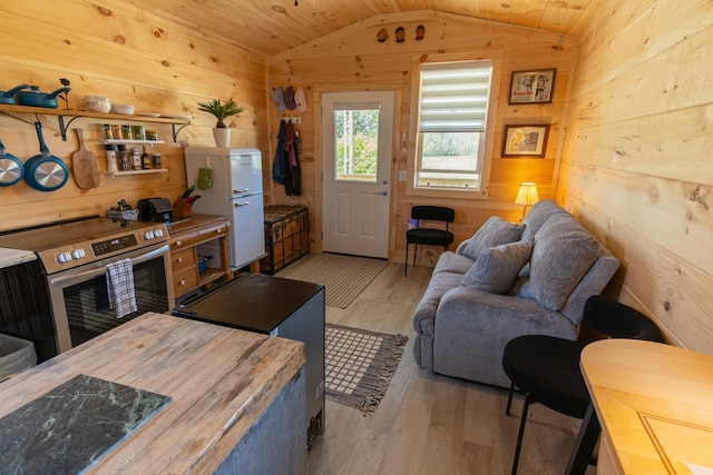living area with lofted ceiling, wood finished floors, and wooden walls