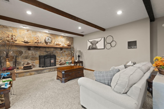 living area featuring baseboards, carpet flooring, beam ceiling, and recessed lighting