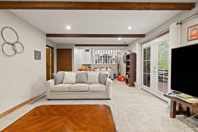 living room featuring recessed lighting, beam ceiling, carpet flooring, and french doors