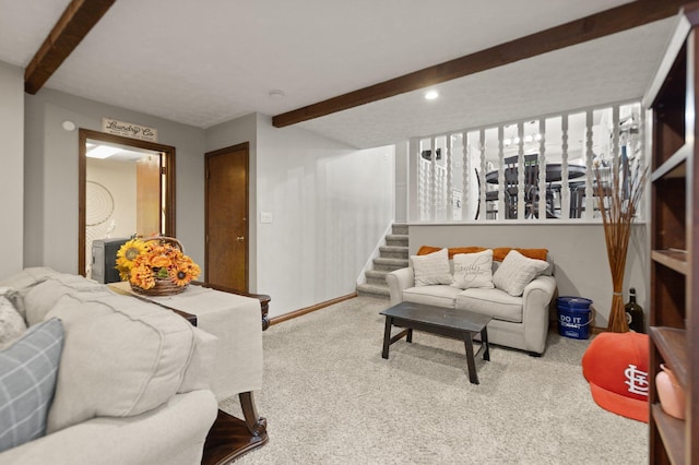 living area featuring carpet flooring, baseboards, recessed lighting, beamed ceiling, and stairway