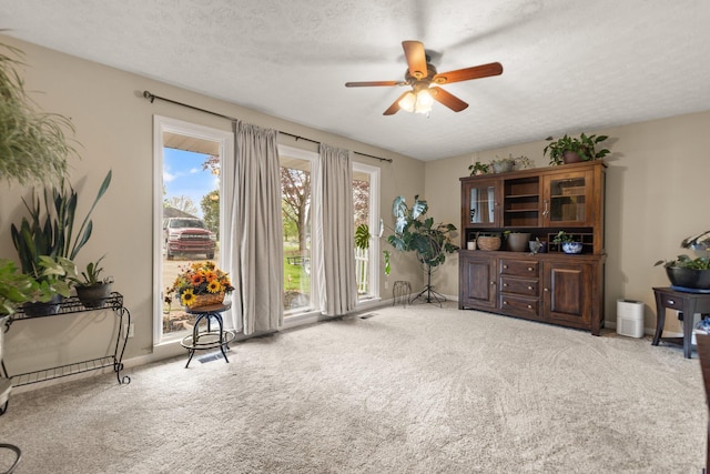 living area with ceiling fan, baseboards, carpet flooring, and a textured ceiling