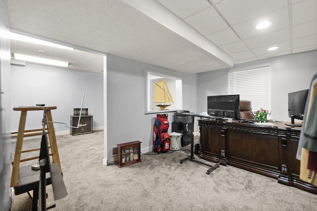 carpeted office space with baseboards and recessed lighting