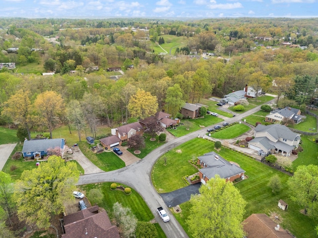 drone / aerial view with a residential view and a forest view