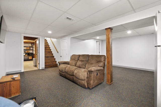 carpeted living area with recessed lighting, a paneled ceiling, visible vents, and stairs