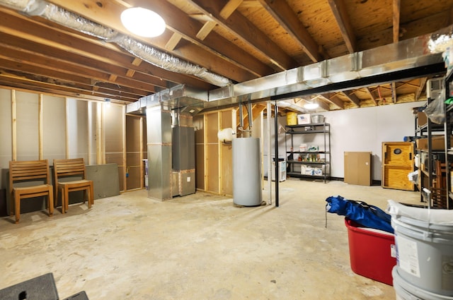 unfinished below grade area with heating unit and water heater