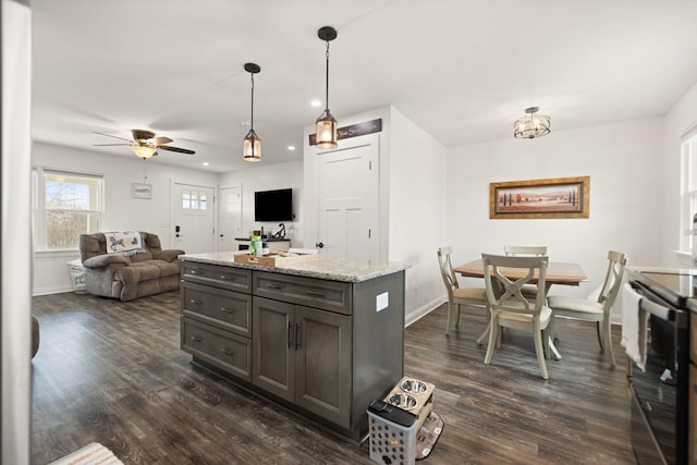 kitchen featuring ceiling fan, baseboards, dark wood-style flooring, and stainless steel electric range oven
