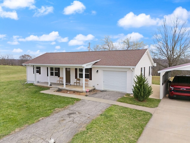 ranch-style house featuring aphalt driveway, covered porch, a front yard, and a garage