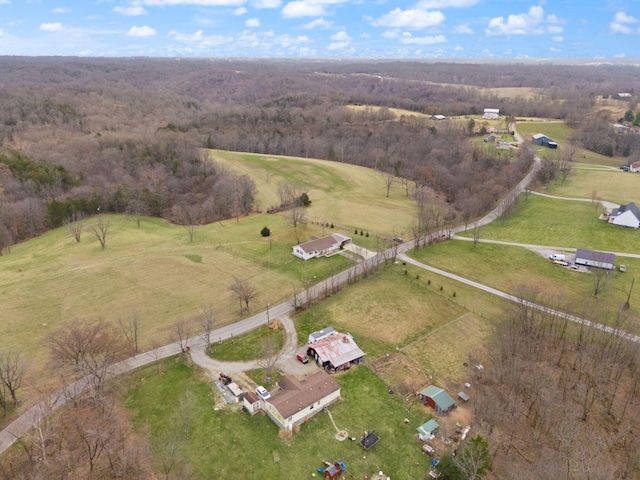 aerial view with a rural view and a wooded view
