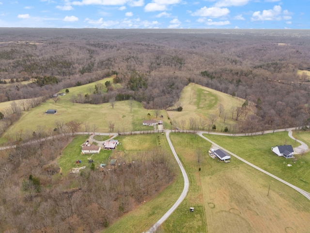 bird's eye view with a rural view and a wooded view