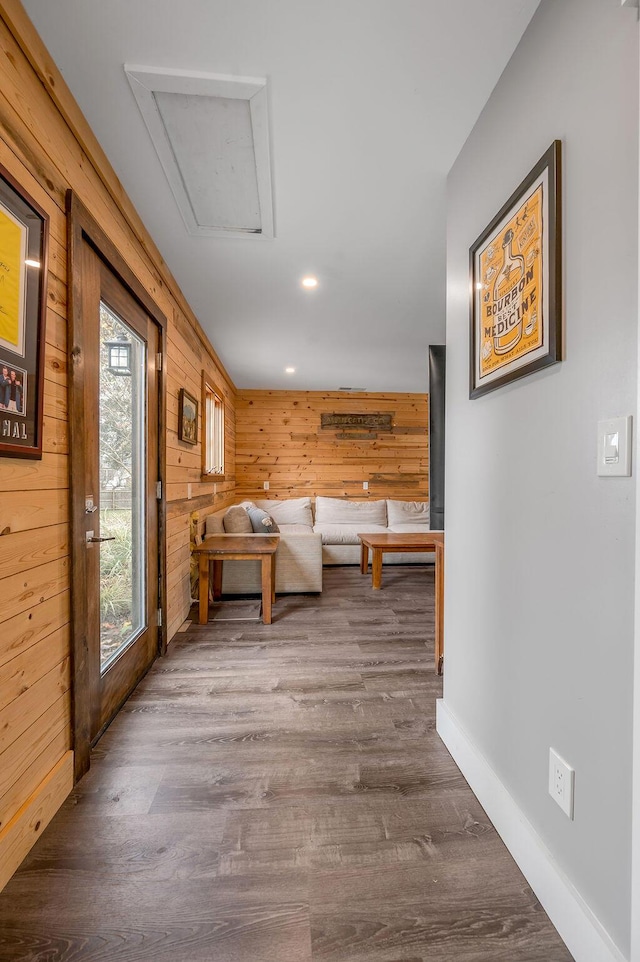 813 Westchester Dr, Lexington, KY 40502 - hallway featuring baseboards, wood finished floors, wood walls, and recessed lighting