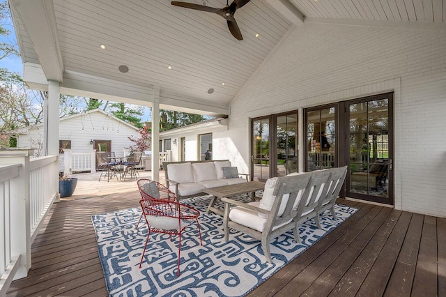 813 Westchester Dr, Lexington, KY 40502 - deck with an outdoor hangout area, outdoor dining space, french doors, and a ceiling fan