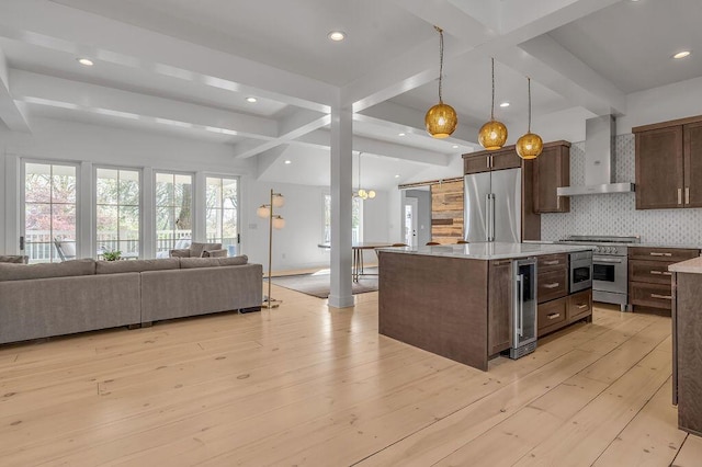 813 Westchester Dr, Lexington, KY 40502 - kitchen with wall chimney exhaust hood, wine cooler, open floor plan, beamed ceiling, and high quality appliances
