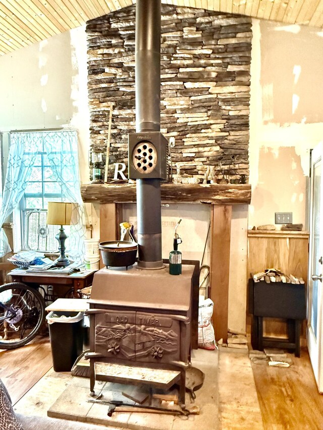 470 Cedar Bluff Rd, Monticello, KY 42633 - interior space with wood ceiling, wood finished floors, and a wood stove